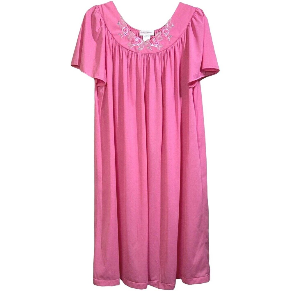 Vtg Shadowline Nightgown Short Sleeve Gown Size L Sleepwear Pink Embroidered NOS